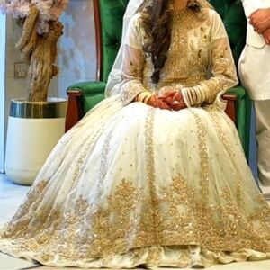 Pakistani wedding dress Elegant Cream and Gold Embroidered Gown